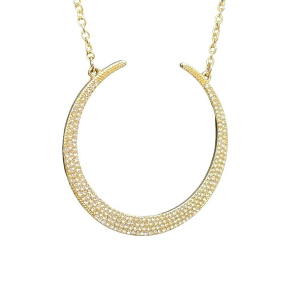 T&R Pave Rhinestone Crescent Half Moon Pendant Chain Necklace Gold Tone Classic - Picture 5 of 6